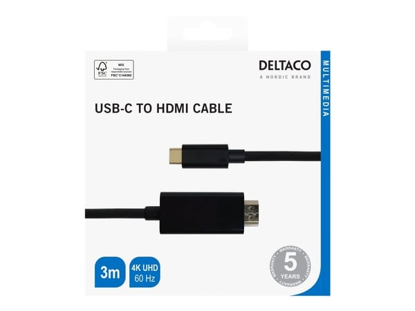 DELTACO - Adapterkabel - USB-C hann til HDMI hann - 3 m - svart - 4 K 60 Hz (4096 x 2160) støtte