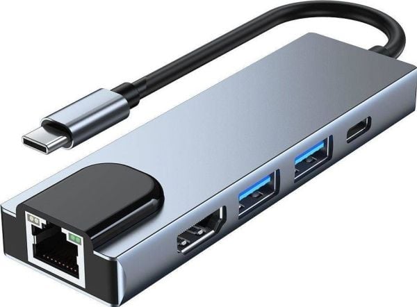 Tech-Protect V3 hubb 5-i-1 USB-C - USB-A 3.0 / USB-A 2.0 / USB-C / HDMI / RJ45 - grå