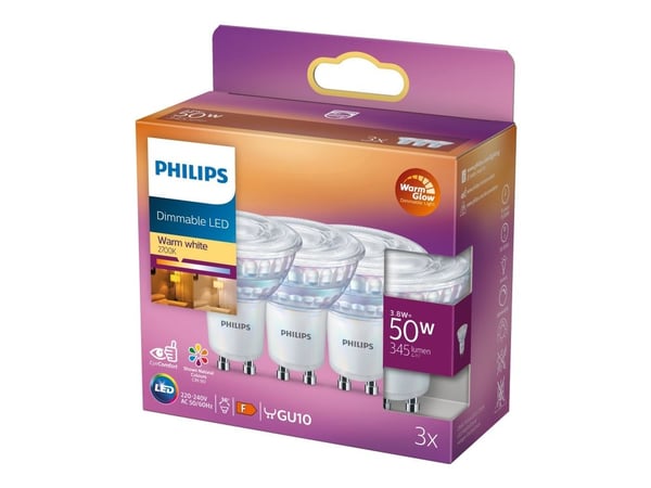 Philips Kohdelamppu 50W PAR16 GU10 x3, 3,8 W, 50 W, GU10, 345 lm, 15000 h, Lämmin hehku