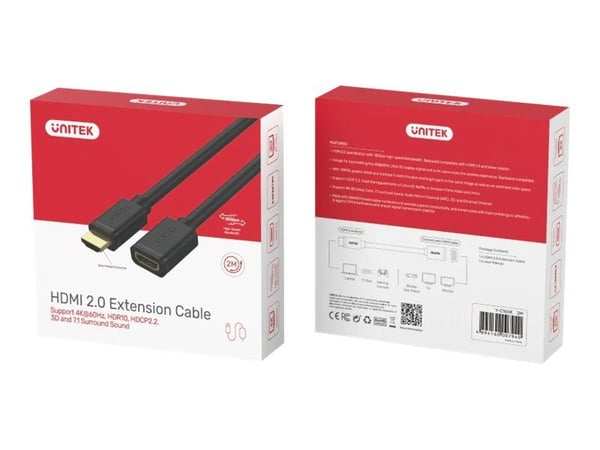 Unitek Y-C166K - High Speed - HDMI-forlengelseskabel med Ethernet - HDMI hann til HDMI hunn - 3 m - trippel beskyttelse - svart - flertrådet, 4K 60...