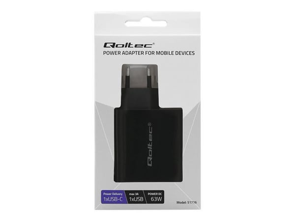 Qoltec - Strømadapter - 63 watt - 3 A - PD, QC 3.0 - 2 utgangskontakter (USB-C, USB) - svart