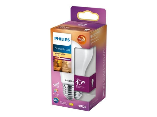 Philips - LED-lyspære - form: A60 - mattslipt finish - E27 - 3.4 W (ekvivalent 40 W) - klasse D - varmt hvitt lys - 2200-2700 K