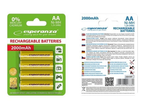 Esperanza - Paristot 4 x AA-tyyppi - NiMH - 2000 mAh - gul