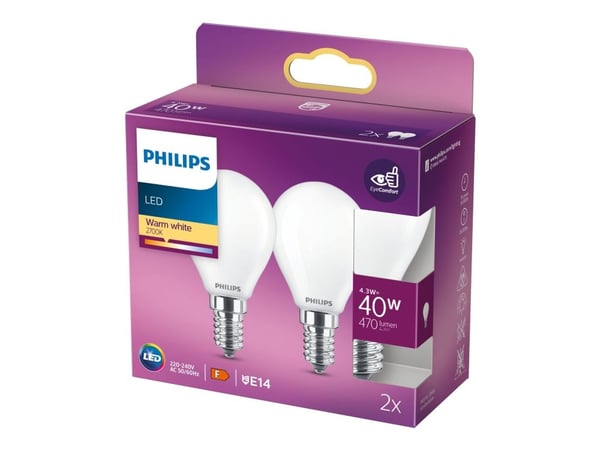 Philips - LED-lyspære - form: P45 - mattslipt finish - E14 - 4.3 W (ekvivalent 40 W) - klasse F - varmt hvitt lys - 2700 K (en pakke 2)