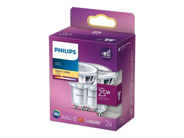 Philips - LED-pære for søkelys - GU10 - 2.7 W (ekvivalent 25 W) - klasse F - varmt hvitt lys - 2700 K (en pakke 2)