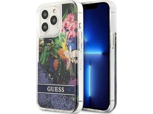 Guess GUHCP13LLFLSB Hardt etui til iPhone 13 Pro / 13 6,1" blå/blå - Flower Liquid Glitter
