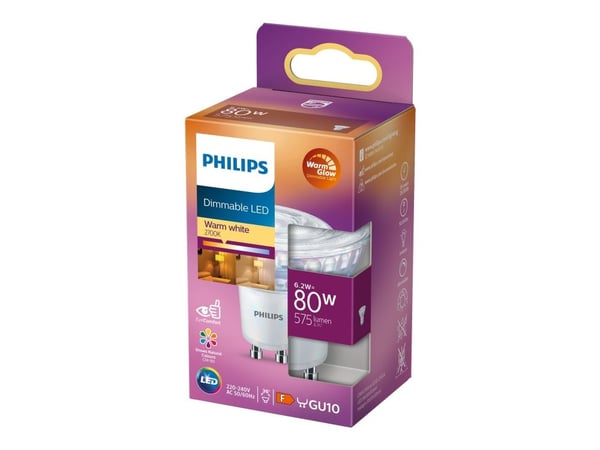 Philips Kohdelamppu 80W PAR16 GU10, 6,2 W, 80 W, GU10, 575 lm, 25000 h, Lämmin hehku