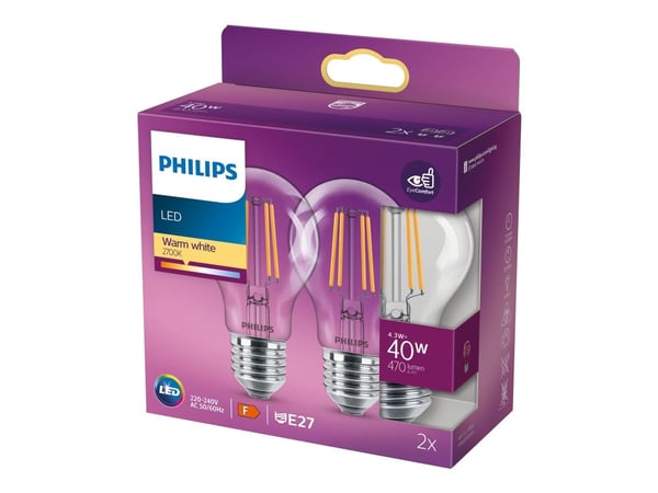 Philips - LED-filamentlyspære - form: A60 - klar finish - E27 - 4.3 W (ekvivalent 40 W) - klasse F - 2700 K (en pakke 2)