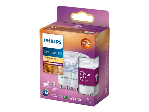 Philips Kohdelamppu 50W PAR16 GU10 x2, 3,8 W, 50 W, GU10, 345 lm, 15000 h, Lämmin hehku