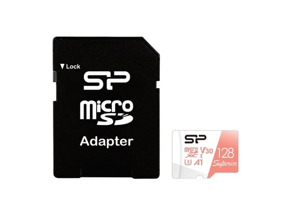 SILICON POWER Superior - Flashminnekort (microSDXC til SD-adapter inkludert) - 128 GB - A1 / Video Class V30 / UHS-I U3 / Class10 - microSDXC UHS-I