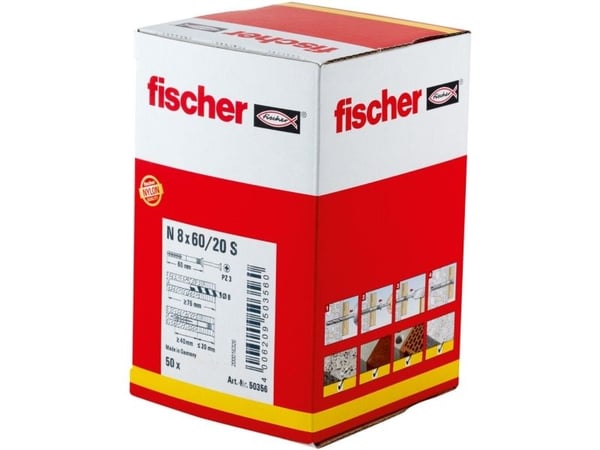 Fischer 50356, Skrue- og veggpluggsett, Murstein, Betong, Pozidriv, PZ3, 60 mm, 8 mm