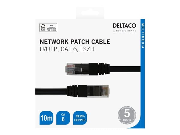 DELTACO - Koppeledning - RJ-45 (hann) til RJ-45 (hann) - 10 m - UTP - CAT 6 - halogenfri, formet - svart