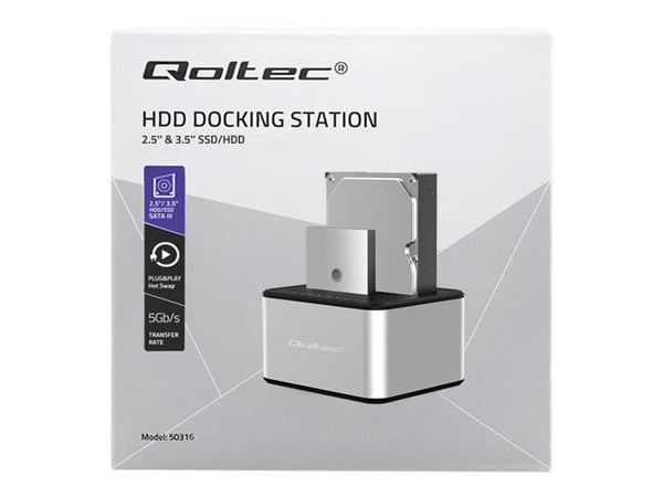 Qoltec - HDD / SSD-dokkestasjon - brønner: 2 - 2,5" / 3,5" delt - SATA 6Gb/s - USB 3.0 - sølv