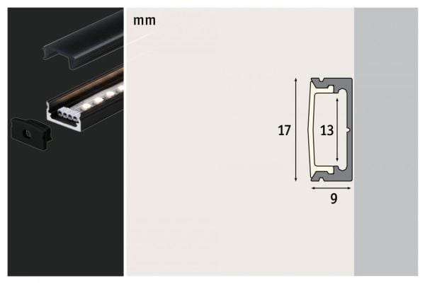 Paulmann Base, Modulær profil, Sort, Aluminium, Plast, 1000 mm, 9 mm, 17 mm