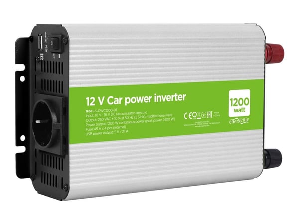 EnerGenie EG-PWC1200-01 - DC til AC-omformer - DC 12 V - 1200 Watt - utgangskontakter: 2