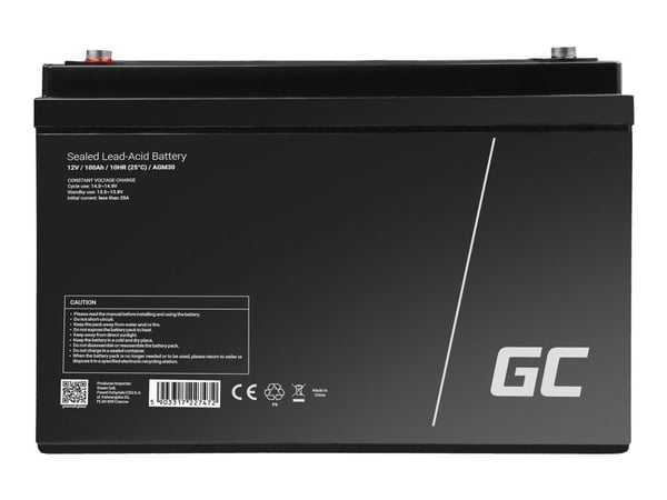 Green Cell AGM30, 100 ah, 12 V, Meri/vapaa-aika, Huoltovapaa, Musta, 171 mm