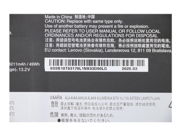Lenovo - Batteri til bærbar PC - litiumion - 3-cellers - 4211 mAh - 49 Wh - for ThinkPad X13 Yoga Gen 1 20SX, 20SY; X390 Yoga 20NN, 20NQ
