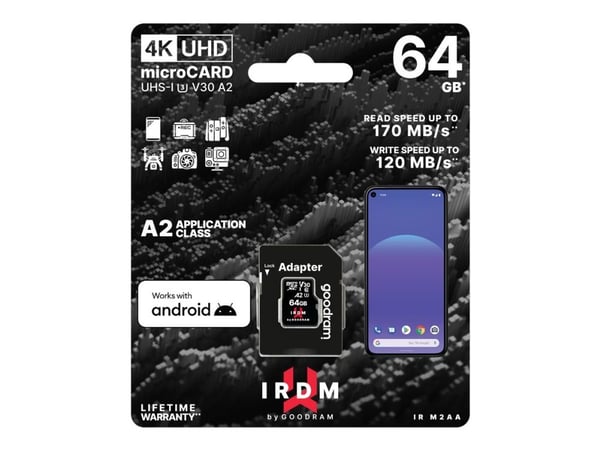 GOODRAM IRDM M2AA - Flashminnekort (SD-adapter inkludert) - 64 GB - A2 / Video Class V30 / UHS-I U3 / Class10 - microSDXC UHS-I
