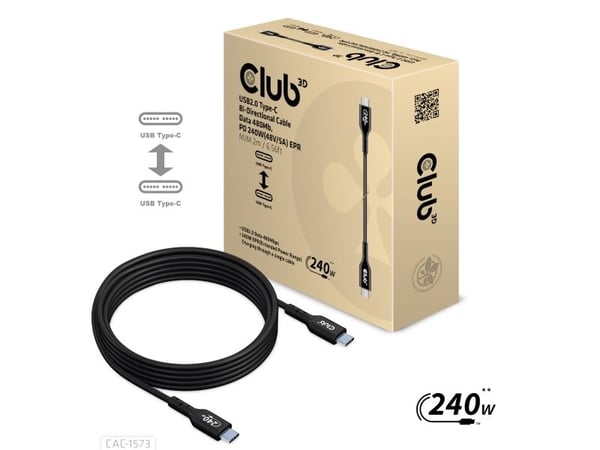 Club 3D - USB-kabel - USB-C (hann) til USB-C (hann) - USB 2.0 - 48 V - 5 A - 2 m - toretnings, opp til 240 W strømforsyningsstøtte, utvidet effekto...