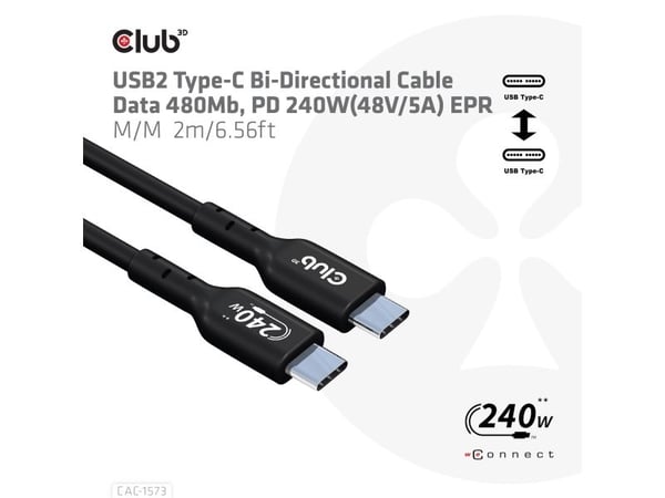 Club 3D - USB-kabel - USB-C (hann) til USB-C (hann) - USB 2.0 - 48 V - 5 A - 2 m - toretnings, opp til 240 W strømforsyningsstøtte, utvidet effekto...