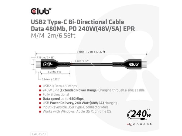 Club 3D - USB-kabel - USB-C (hann) til USB-C (hann) - USB 2.0 - 48 V - 5 A - 2 m - toretnings, opp til 240 W strømforsyningsstøtte, utvidet effekto...