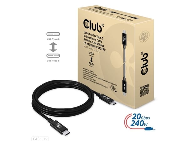 Club 3D - USB-kabel - USB-C (hann) til USB-C (hann) - USB4 Gen2x2 - 48 V - 5 A - 2 m - toretnings, 4K 60Hz støtte, opp til 240 W strømforsyningsstø...