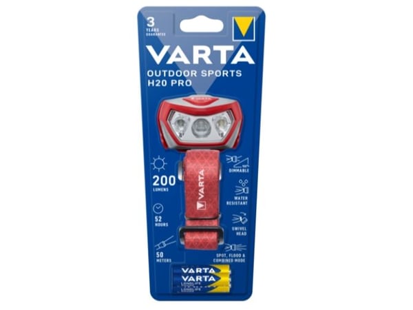 Varta Outdoor Sports H20 PRO - Hodelykt - LED - 3-modus - rødt/hvitt lys