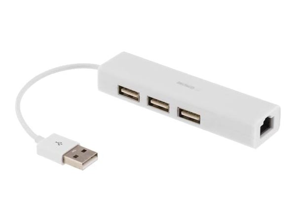 DELTACO USB2-LAN3 - Nettverksadapter - USB 2.0 - 10/100 Ethernet x 1 + USB 2.0 x 3 - hvit