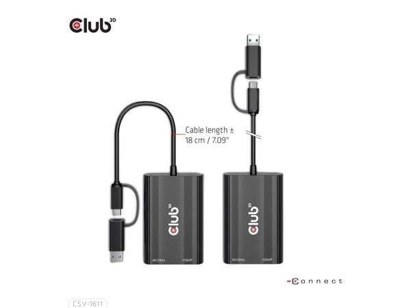 CLUB3D CSV-1611, 0,22 m, USB Type-C, HDMI + VGA (D-Sub), Uros, Naaras, Suora
