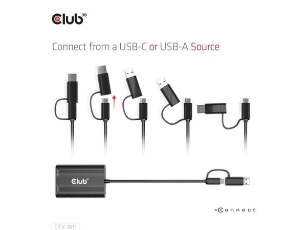 CLUB3D CSV-1611, 0,22 m, USB Type-C, HDMI + VGA (D-Sub), Uros, Naaras, Suora