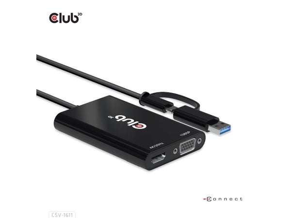 CLUB3D CSV-1611, 0,22 m, USB Type-C, HDMI + VGA (D-Sub), Uros, Naaras, Suora