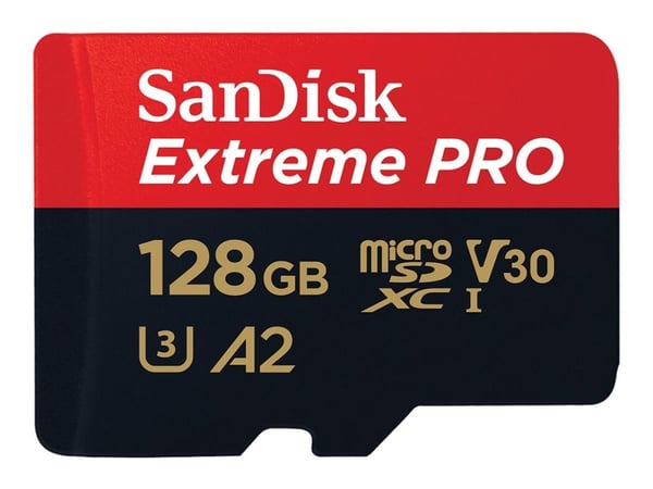 SanDisk Extreme Pro - Flash-minneskort (microSDXC till SD-adapter inkluderad) - 128 GB - A2 / Video Class V30 / UHS-I U3 / Class10 - mikroSDXC UHS-I SanDisk Extreme Pro - Flash-minneskort (microSDXC till SD-adapter inkluderad) - 128 GB - A2 / Video Class V30 / UHS-I U3 / Class10 - mikroSDXC UHS-I