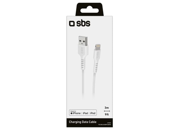 SBS TECABLEUSBIP5389W, 3 m, Lightning, USB A, Hankjønn, Hankjønn, Hvit