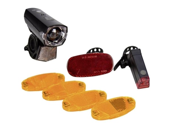 FISCHER sykkel ettermonteringssett batteridrevet 7-delt 12 Lux LED-frontlys LED-baklys 1 stk (85345)