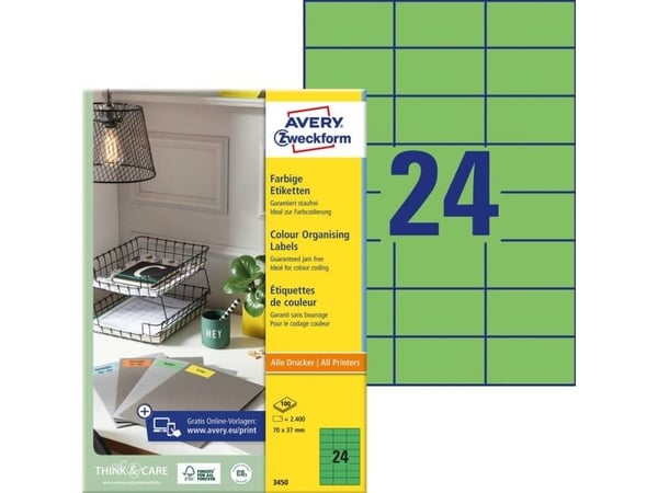Avery - Grønn - 70 x 37 mm 2400 etikett(er) (100 ark x 24) filmappeetiketter