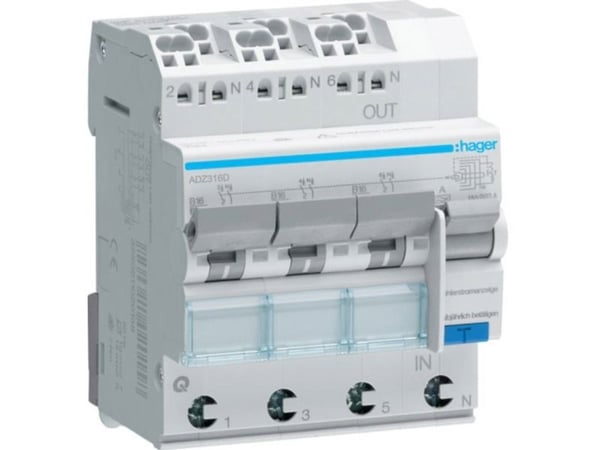 Hager ADZ316D, Reststrøm enhed, tyyppi A, 6000 A, 230 V