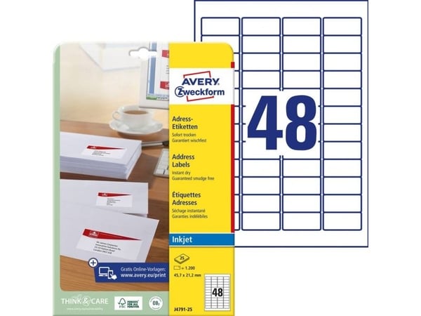 Avery Zweckform J4791 - Hvit - 21.2 x 45.7 mm 1200 etikett(er) (25 ark x 48) returadresseetiketter
