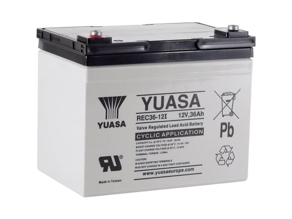 Yuasa REC36-12 Lyijyakku 12 V 36 Ah Lyijyakku (B x K x S) 196 x 169 x 130 mm M5-ruuviliitäntä Matala itsepurkautuminen, helppo huoltaa, sykliltään ...