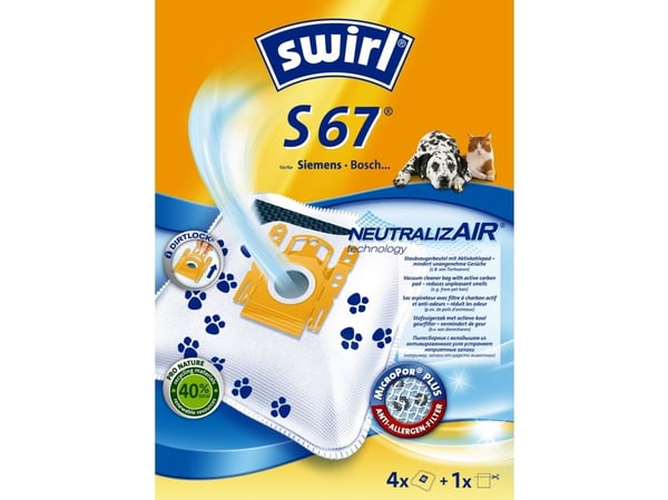 Swirl S 67 NeutralizAir, Pölypussi, Sylinteripölynimuri, Sininen, Valkoinen, 239 mm, 167 mm, 74 mm