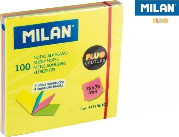 Milan selvklebende lapper FLUO 76 x 76 mm med 4 farger i separate blokker, 100 stk