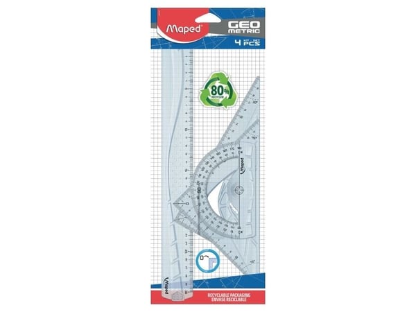 Maped Maxi, Protractor, Linjal, Trekant, 4 stykker, Gjennomsiktig, Plastikk, 45° & 60°, Halvsirkel