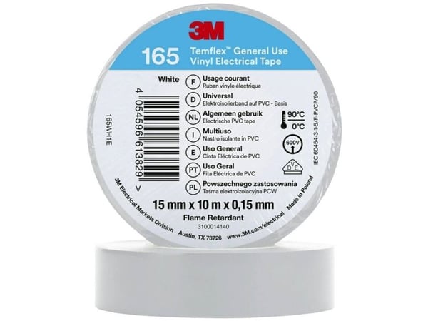 3M 165WH1E, 1 styck, Vit, PVC, 600 V, Blåsa, 10 m