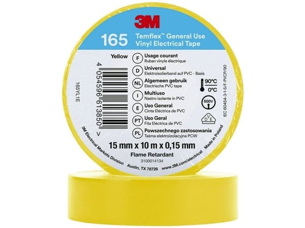 3M 165YL1E, 1 kpl, Keltainen, PVC-muovi, 600 V, Kupla, 10 m