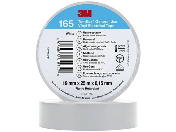 3M 165WH6E, 1 kpl, Valkoinen, PVC-muovi, 600 V, Kupla, 25 m