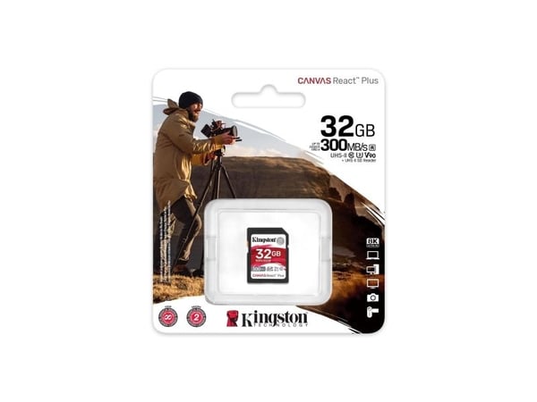 Kingston Canvas React Plus - Flashminnekort - 32 GB - Video Class V90 / UHS-II U3 / Class10 - SDXC UHS-II