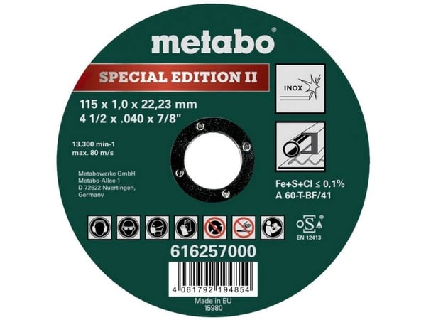 Metabo 616257000, Metallkuttende skive, Rustfritt stål, Stål, 13300 RPM, Grønn, Rund, 2,22 cm