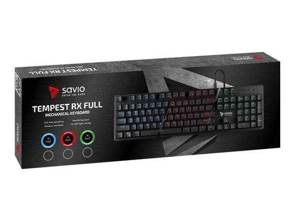 SAVIO Tempest RX FULL - Näppäimistö - bagbelyst - USB - Key contact: Outemu Red
