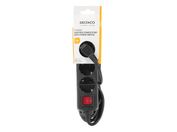 Deltaco GT-0361, 3 m, 3 AC-pistorasia(a), Sisätila, Kulmikas, Musta, Universaali