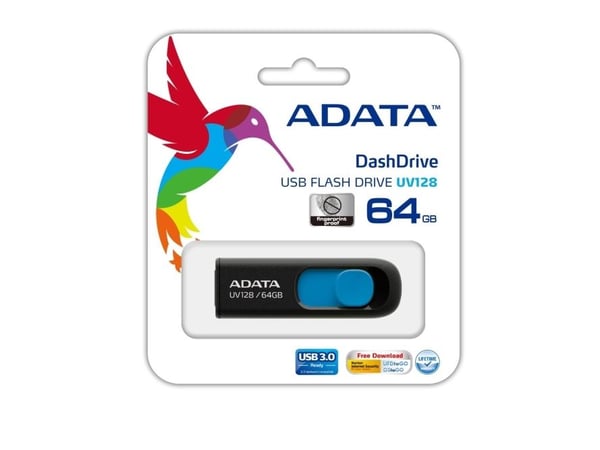 ADATA DashDrive UV128 - USB-minnepinne - 64 GB - USB 3.0 - sort, blå