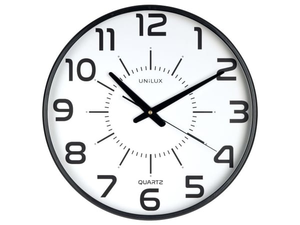 Unilux 400094487, Seinä, Quartz clock, Pyöreä, Musta, Läpinäkyvä, Muovi, Lasi